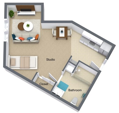 Floor plan for 1 bed, 1 bath, 418 sqft